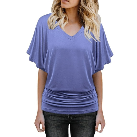 Tiweut Women's Short Sleeve V-Neck Casual Dolman Top with Side Shirring,Purple