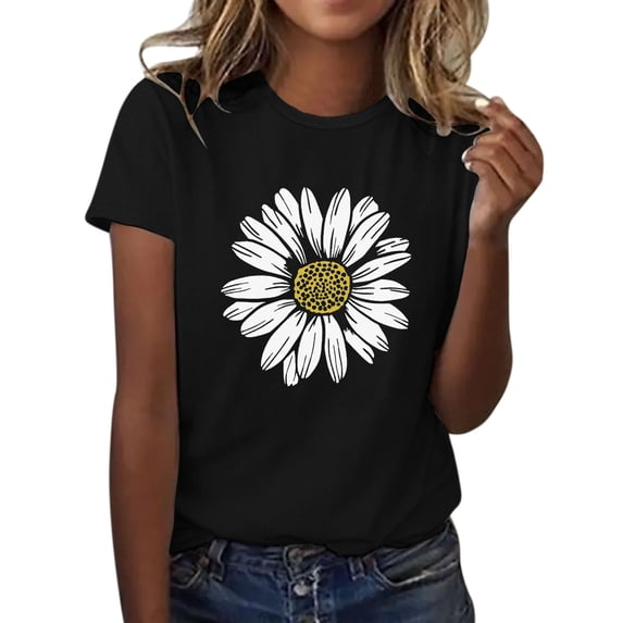 Tiweut Women's Summer Sunflower T Shirt Cute Flower Graphic Loose Tees Crew Neck Short Sleeve Casual Tops,Black