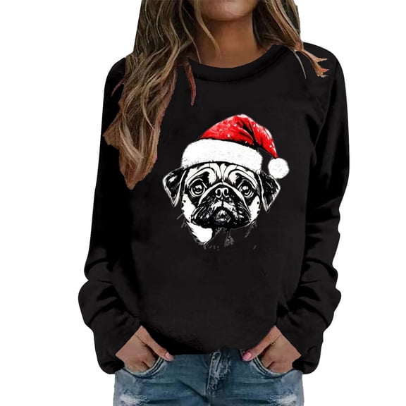 Tiweut Women's Sweatshirts Christmas Cozy Animal Graphic Print Round Neck Pullover Long Sleeve Soft Loose Fit Holiday Pullover Regular Tops,A-Black,M