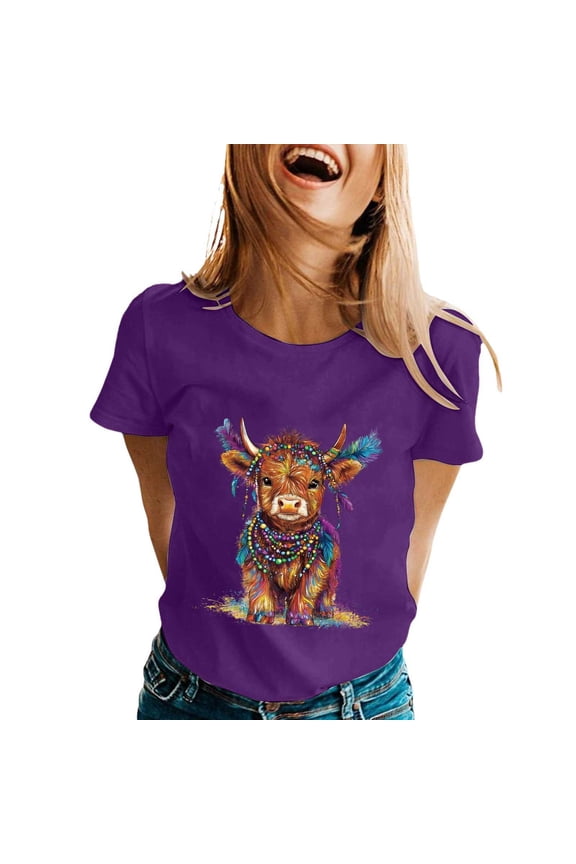 Women's T Shirts Cow Graphic Print Short Sleeve Crewneck Loose Tee Blouses