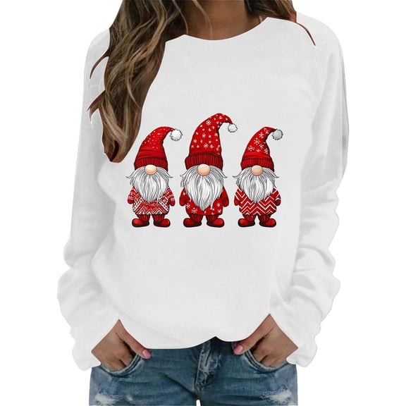 Tiweut Women's T-Shirts Festive Christmas Sweatshirts Santa Claus Print Loose Fit Crewneck Cozy Soft Long Sleeve Pullover Relaxed Fit Tops,White,2XL