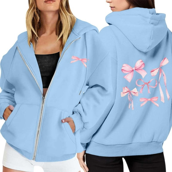 Tiweut Women Casual Hoodies Jackets Long Sleeve Zipper Drawstring Sports Bow Print with Pockets Ladies Blouses Sky Blue,XL