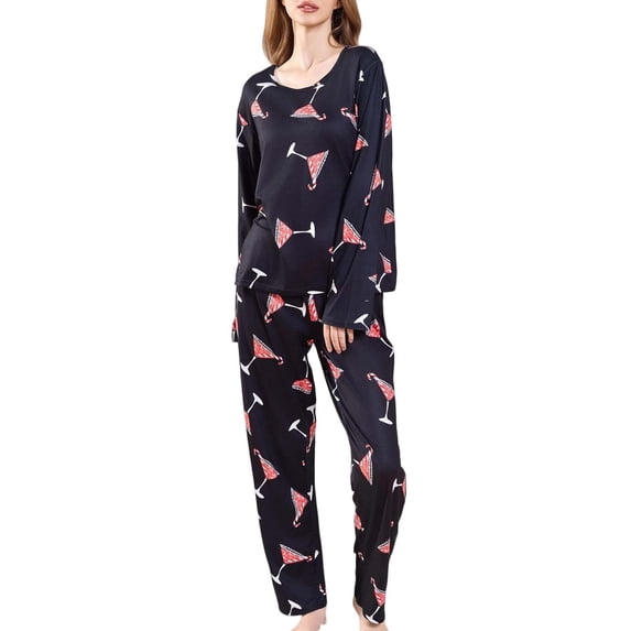 Tiweut Womens 2 Piece Pajamas Sets for Christmas Elegant Wine Glass Print Soft Long Sleeve Tops and Pants Loungewear for Cozy Nights and Relaxation Ladies Sleepwear Set,A-Black,L