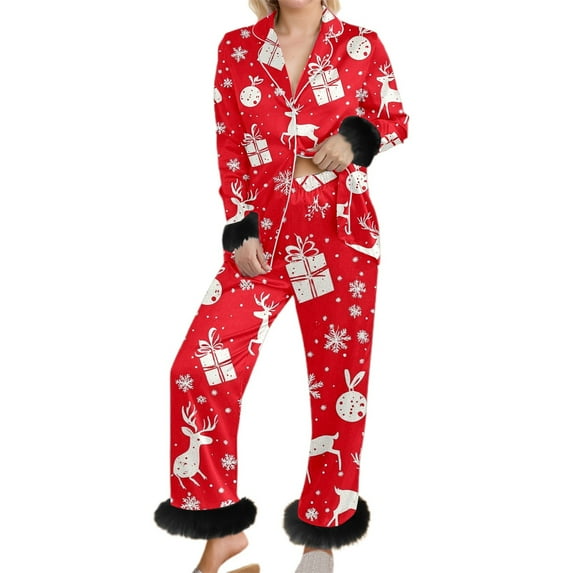 Tiweut Womens 2 Piece Pajamas Sets for Christmas Long Sleeve Lapel Santa Cartoon Graphic Print Tops and Pants Hem Home Wear Sleepwear Suit,A-Red,L