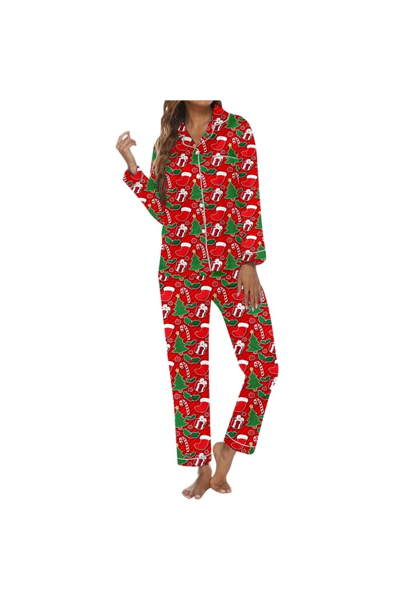 Womens 2 Piece Pajamas Sets for Christmas Santa Graphic Print Long Sleeve Lapel Button Blouses and Pants Soft Homewear Home Outfit Comfy Sleepwear,A-Red,L