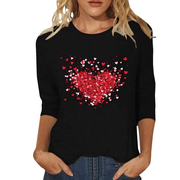 Tiweut Womens 3/4 Sleeve V Neck Valentine T Shirts Love Heart Printed Graphic Tee Tops,A-Black,XL
