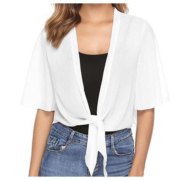 Tiweut Womens' Cardigan Cardigan Soft Chiffon Shawl Wraps Short Sleeve Evening Tie Front Cape Flapper Loose Fit Regular Tops White,M