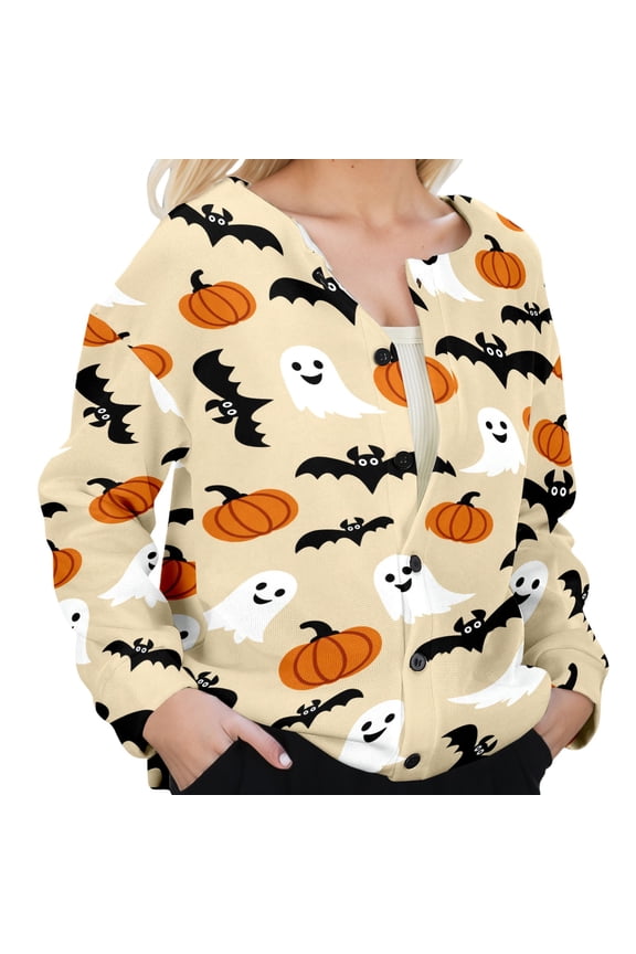 Womens Cardigans Stylish Cartoon Bats Print Sweater Outerwear for Fall Winter Seasons with Button Front Imitation Knit Design Regular Blouses Orange,S