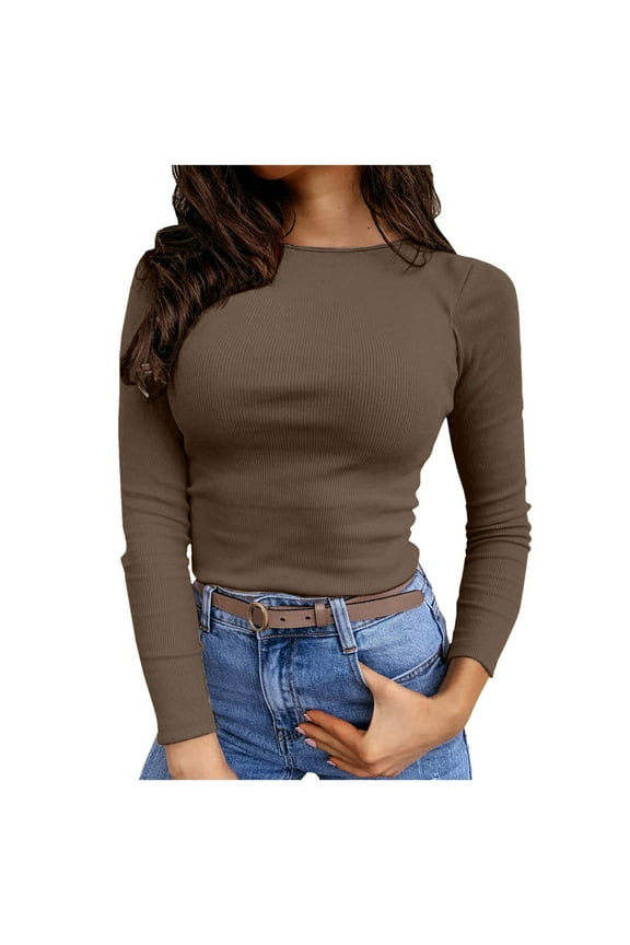 Womens Casual Blouses Long Sleeve Crew Neck Stretch Thin Ribbed Slim Fit Basic Tees Pure Color Tops,Z1 Coffee,L