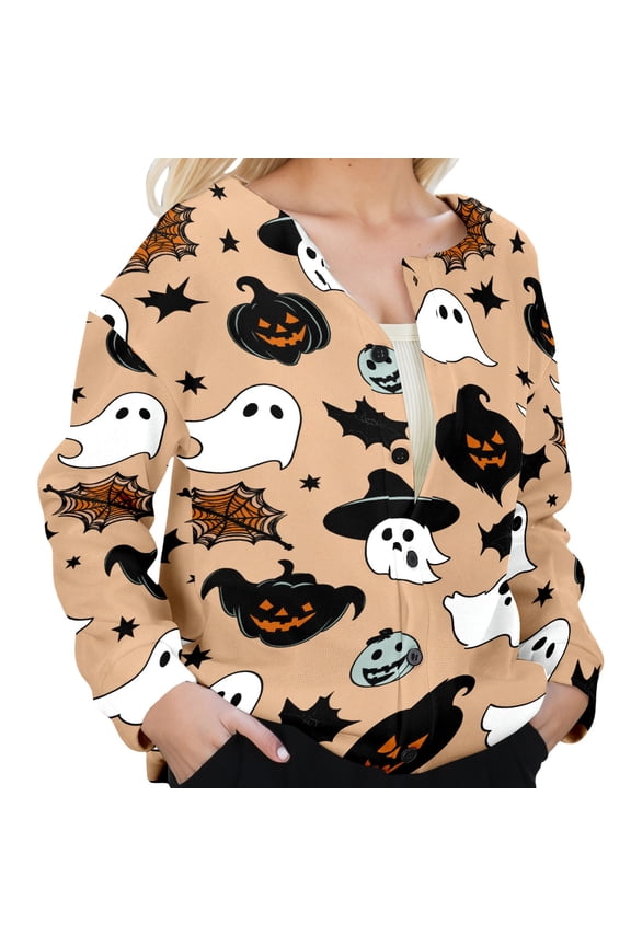 Womens Casual Cardigans Stylish Cartoon Bats Print Sweater Outerwear for Fall Winter Seasons with Button Front Imitation Knit Design Tops Orange,S