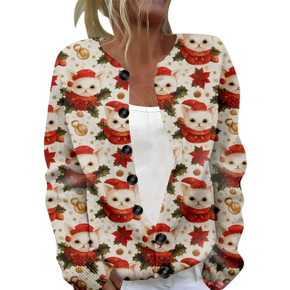 Tiweut Womens Casual Cardigans Stylish Christmas Button Down Sweater Fall Winter Seasons Festive Santa Snowman Print Design Cozy Loungewear Blouses Red,5XL