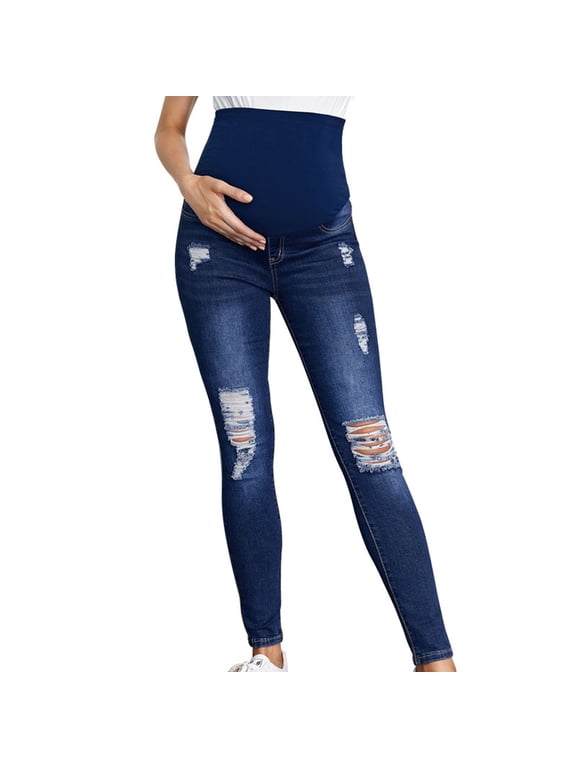 Womens Casual Jeans Maternity Leggings Denim Pants Long High Waist Elastic Full Panel Pull On Ripped Distressed Stretchy Relaxed Fit Trousers Blue,S