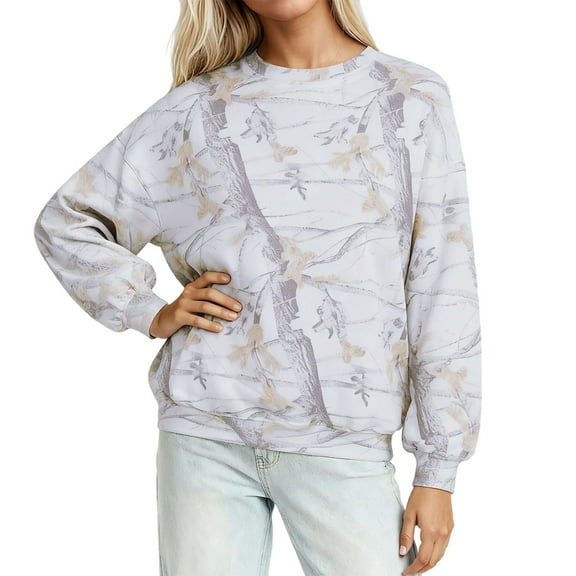 Tiweut Womens Casual Sweatshirts Camo Print Hoodless Crewneck Sweatshirt Long Sleeve Loose Fit Pullover Soft Loungewear Fall Winter Season Relaxed Fit Blouses,Z1 White1,L