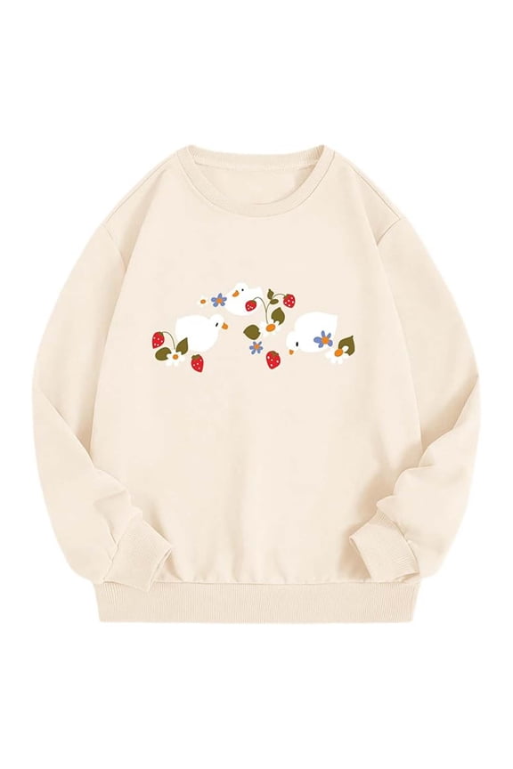Womens Casual Sweatshirts Top Cute Cartoon Doodle Print Long Sleeve Crew Neck Teens Blouses for Ladies Beige,M
