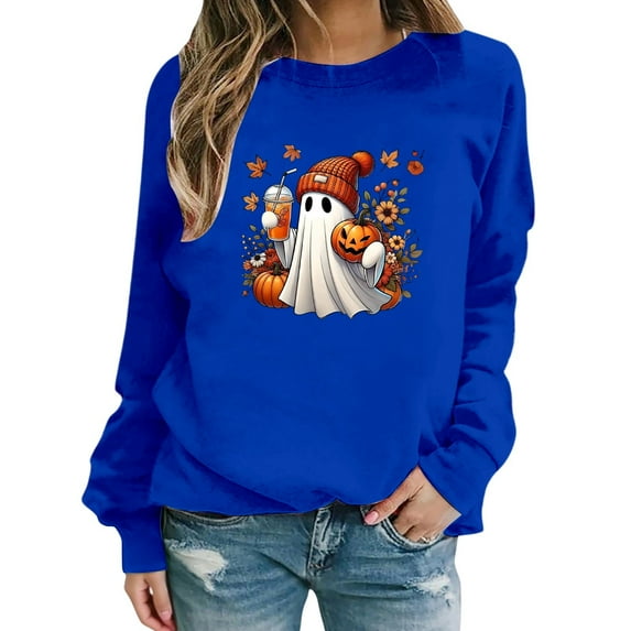 Tiweut Womens Casual Sweatshirts Vintage Printed Long Sleeve Round Neck Loose Fit Pullover Stylish Everyday Wear Relaxed Fit Tops Blue,3XL