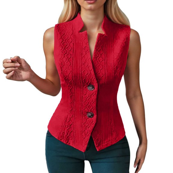 Tiweut Womens Casual Vest Jackets Vest Coat Sleeveless Lapel Outerwear Button Up Stylish Wear Solid Color Regular Outwear Red,M