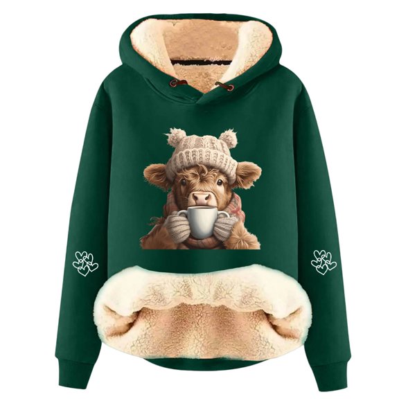 Tiweut Womens Christmas Casual Hoodies Hoodies Santa Highland Cattle Print Loose Long Sleeve Pullover Adorable Lined Soft Warm Sweatshirt Comfort Ladies Tops Dark Green,M
