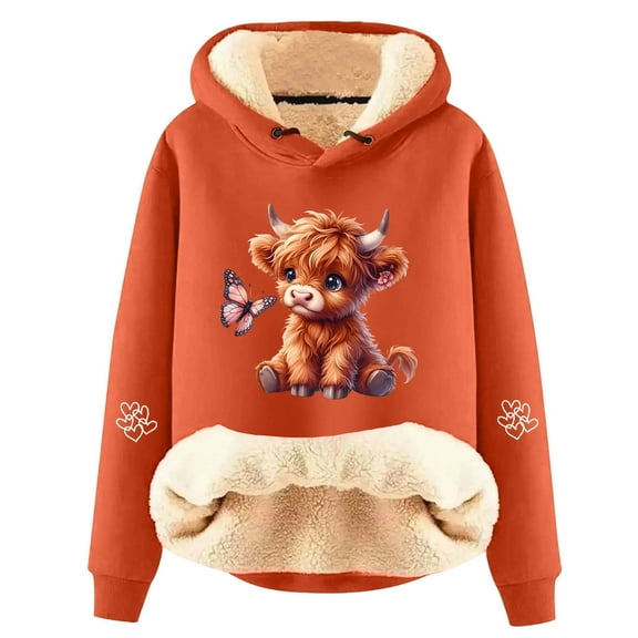 Tiweut Womens' Christmas Hoodies Hoodies Santa Highland Cattle Print Loose Long Sleeve Pullover Adorable Lined Soft Warm Sweatshirt Comfort Tops Orange,XL