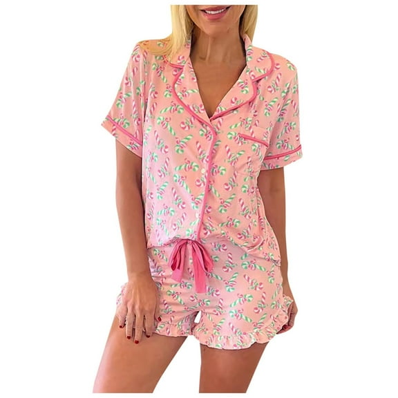 Tiweut Womens Christmas Pajamas Sets Candy Cane Print Short Sleeve Lapel Button Down Tshirts and Shorts Ruffle Loungewear Ladies Sleepwear Suit,RD2,XL