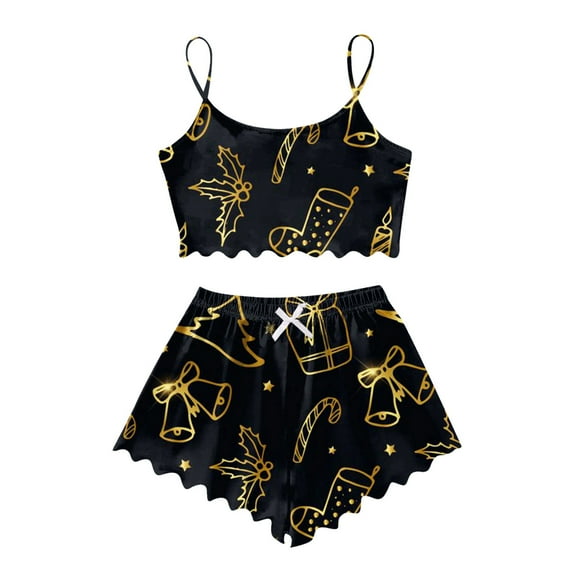 Tiweut Womens Christmas Pajamas Sets Santa Floral Print Slip Crop Tank Top and Shorts Set Loungewear Outfit Ladies Sleepwear Suit,Gold,L