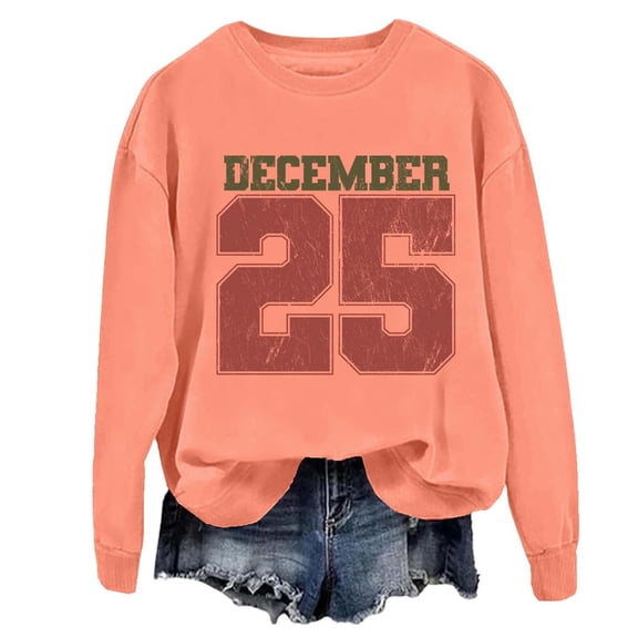 Tiweut Womens Christmas Sweatshirts Themed Pullover Soft Lightweight Long Sleeve Festive Holiday Number Print Design for Cozy Everyday Wear Ladies Blouses Orange,XL