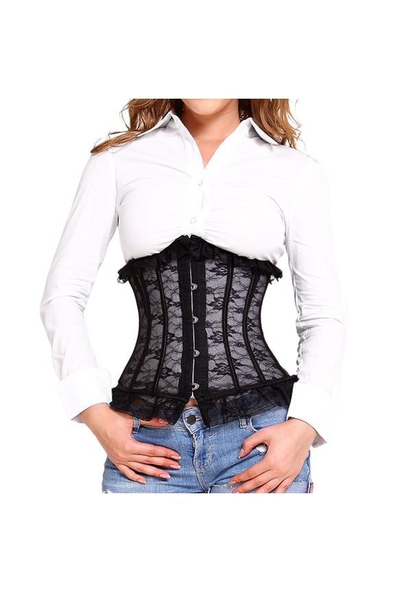 Womens Corset Lace Shaping Bodysuit Waist Cincher with Hook Closure Slim Fit Tops,D-Black,M