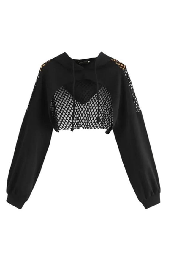 Womens Cropped Hoodie Fishnet Long Sleeve Crop Top Drawstring Sweatshirt,Black