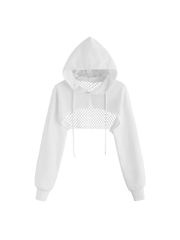 Womens Cropped Hoodie Fishnet Long Sleeve Crop Top Drawstring Sweatshirt,White