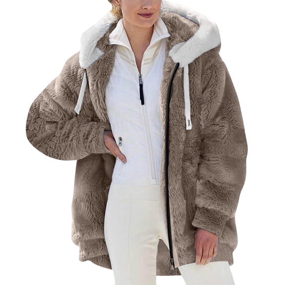 Tiweut Womens' Jackets Fall Winter Fashion Long Sleeve Hooded Drawstring Plus Size Color Block Sweatshirt Zipper Loose Fit Warm Coat Tops Khaki,2XL