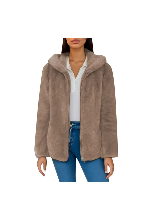Womens Fleece Jackets Solid Color Lined Winter Mid Length Long Sleeve Hooded Coat Regular Blouses Khaki,M