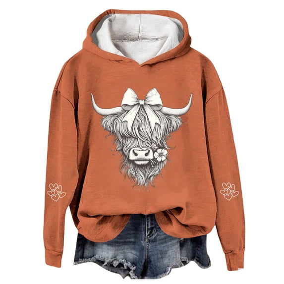 Tiweut Womens Hoodies Christma Hoodies Cartoon Cow Graphic Long Sleeve Hooded Pullover Sweatshirt Cozy Loose Fit Pullover Blouses Orange1,2XL