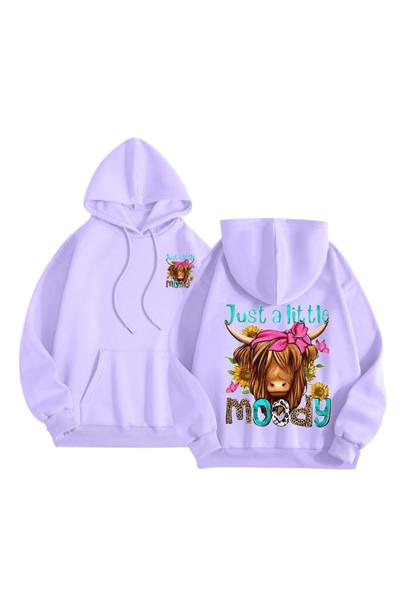 Womens Hoodies Cow in Hat Flowers Graphic Print Hoodie Long Sleeve Drawstring Pullover Sweatshirt,A-Purple,Purple