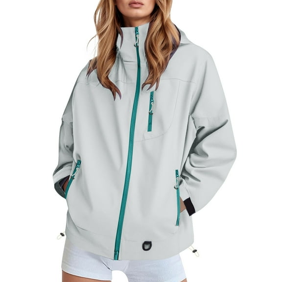 Tiweut Womens Jackets Fashion Long Sleeve Hooded Solid Color Windbreaker Zip Up with Pockets Ladies Outerwear Light Green,S