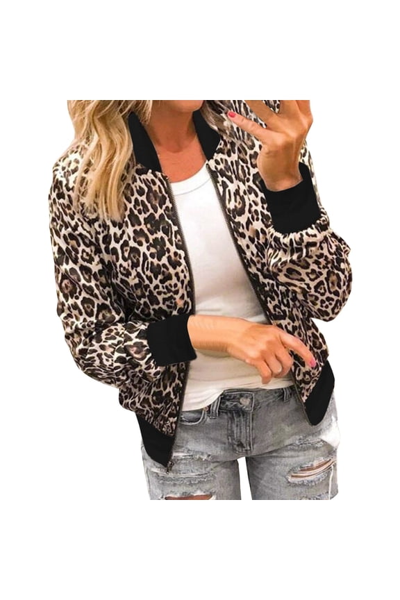Womens Jackets Lightweight Zip Up Leopard Print Coat Stand Collar Outwear Regular Blouses Brown,S