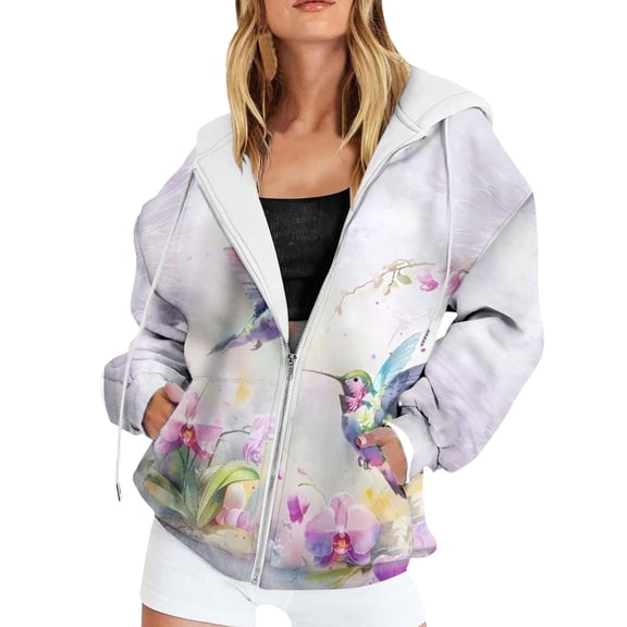 Tiweut Womens Jackets Zip Up Long Sleeve Hooded Loose Fit Bird Graphic Print Pullover Fleece with Front Pockets Blouses Light Purple,2XL