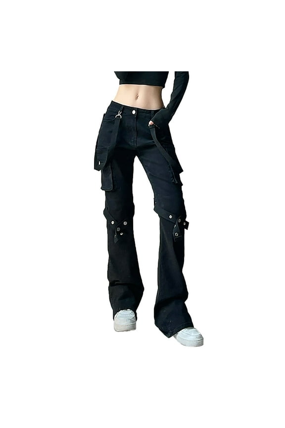 Womens Jeans Punk Metal Long Flared Denim Pants Street High Waist Cargo Streetwear Relaxed Fit Trousers Black,S