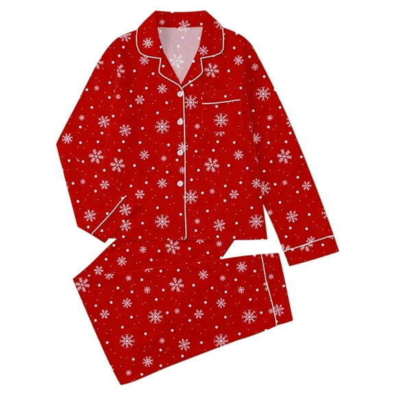 Tiweut Womens' Leisure Pajamas Sets for Christmas Flannel Long Sleeve Lapel Tops and Long Pants Cozy Loungewear Floral Print Holiday Season Nighttime Holiday Ladies Sleepwear Set,Red,M