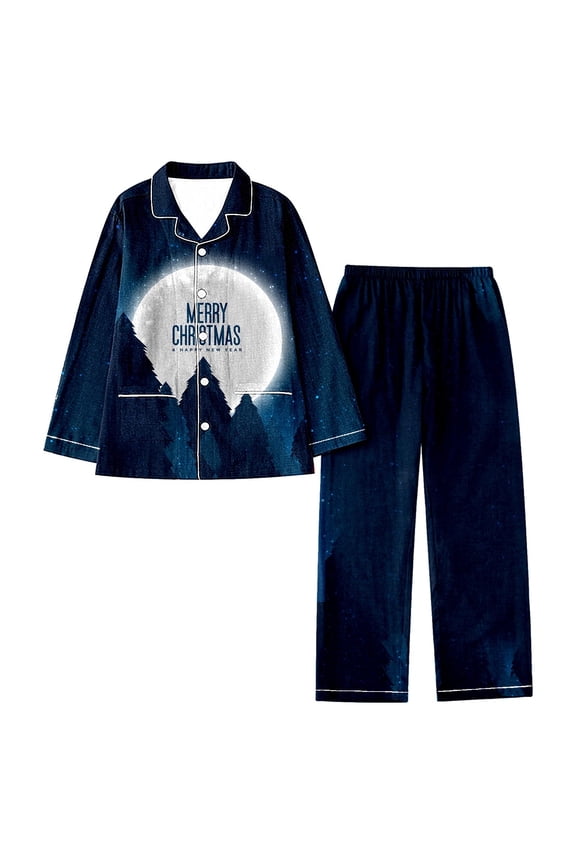Womens' Leisure Pajamas Sets for Christmas Lapel Long Sleeve Lapel Button Tops and Pants Set Full Floral Print Santa Holiday Sleepwear Set,Navy1,L