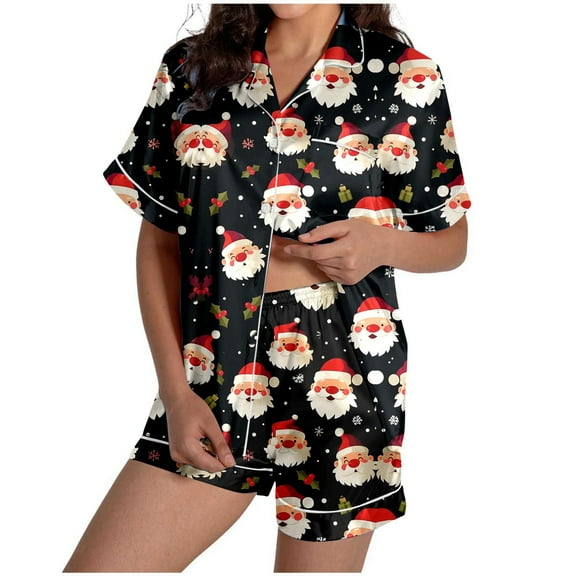 Tiweut Womens' Leisure Pajamas Sets for Christmas Santa Cozy Floral Print Short Sleeve Top and Pants Holiday Nightwear Loungewear for Festive Season Sleepwear Set,Black,L