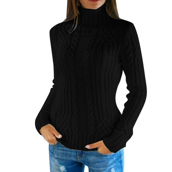 Tiweut Womens Leisure Sweaters Turtleneck Sweater Winter Knitted Wool Knit Bottom Female Long Sleeve Thick Loose Pullover Lady Blouses Black,L