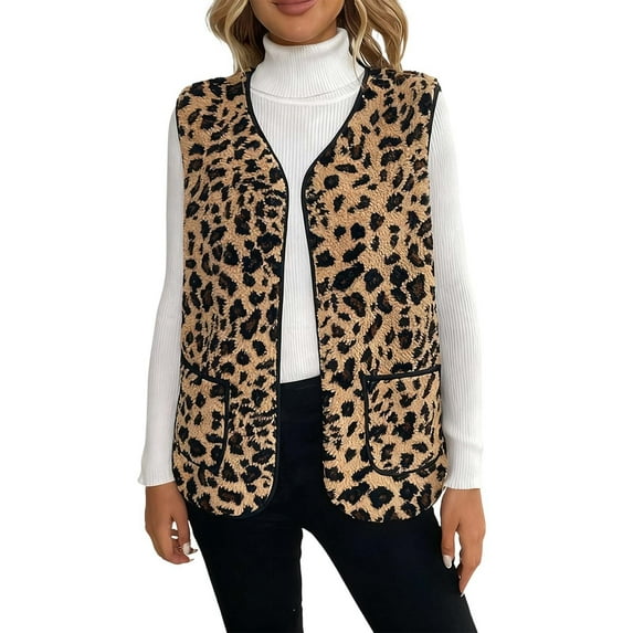 Tiweut Womens Leopard Cardigans Sleeveless Outerwear Vest Open Front Coat for Fall Winter Casual Outfits,Z1 Coffee,S