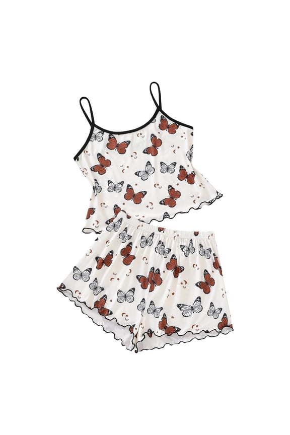Womens Pajamas Satin Silk Sleeveless Butterfly Print Tank Tops and Shorts Sleepwear Clothes