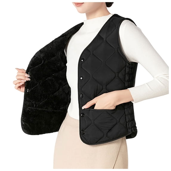 Tiweut Womens Puffer Vest Lightweight Crew Collar Sleeveless Quilted Jackets Button Fall Spring Plus Size Coat Outerwear,Black