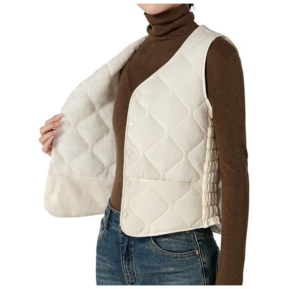 Tiweut Womens Puffer Vest Lightweight Crew Collar Sleeveless Quilted Jackets Button Fall Spring Plus Size Coat Outerwear,White