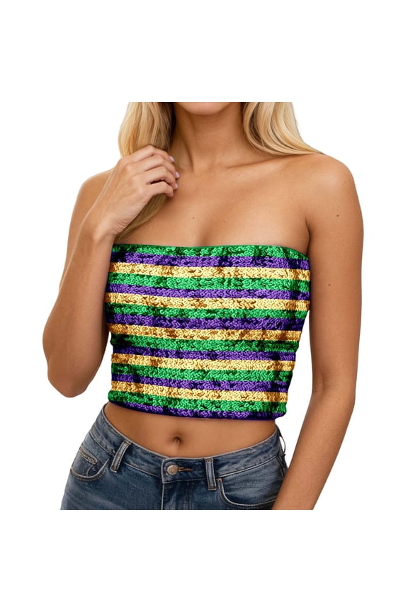 Womens Sequin Tube Top Stretchy Strapless Crop Tops Mardi Gras Color Block Tube Tops for Party Clubwear,ZA Green,One Size