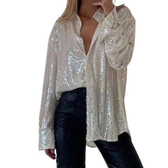 Tiweut Womens Sequins Long Sleeve Collared Shirt Button Down Open Front Shirt Loose Blouses Shirts Tops,Gold
