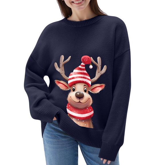 Tiweut Womens' Sweaters for Christmas Festive Knit Pullover Cozy Santa Deer Print Soft Yarn Holiday Wear Long Sleeve Turtleneck Winter Elegant Design Regular Tops,Z3 Navy,M
