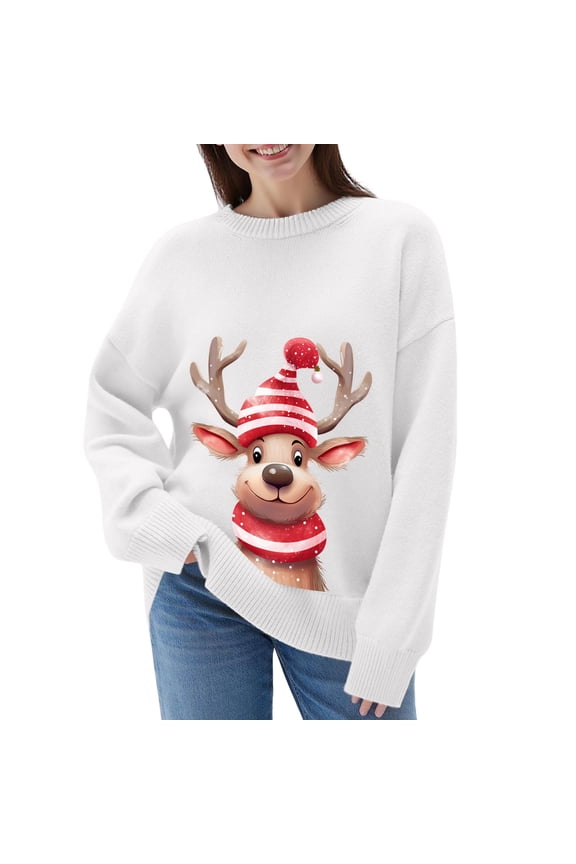 Womens' Sweaters for Christmas Festive Knit Pullover Cozy Santa Deer Print Soft Yarn Holiday Wear Long Sleeve Turtleneck Winter Elegant Design Regular Tops,Z3 White,2XL