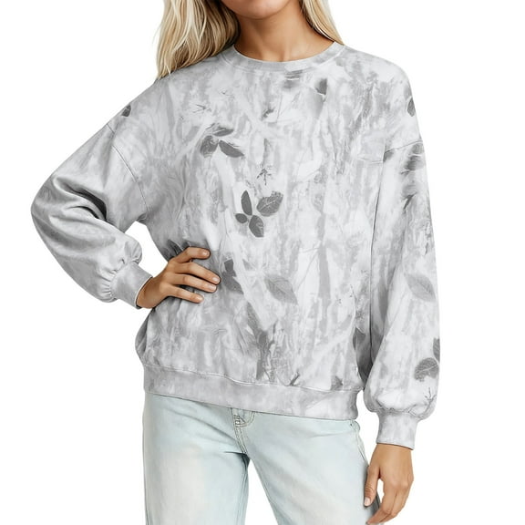 Tiweut Womens Sweatshirts Camo Print Hoodless Crewneck Sweatshirt Long Sleeve Loose Fit Pullover Soft Loungewear Fall Winter Season Relaxed Fit Blouses,Z1 White,L