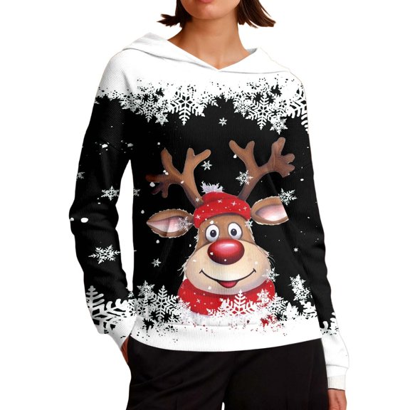 Tiweut Womens Sweatshirts Christmas Cozy Style Hooded Long Sleeve Pullover Fleece Loungewear Santa Deer Print Tops,Black,S